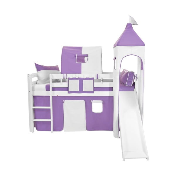 Dětská bílá patrová postel se skluzavkou a fialovo-bílým hradním bavlněným setem Mobi furniture Tom, 200 x 90 cm