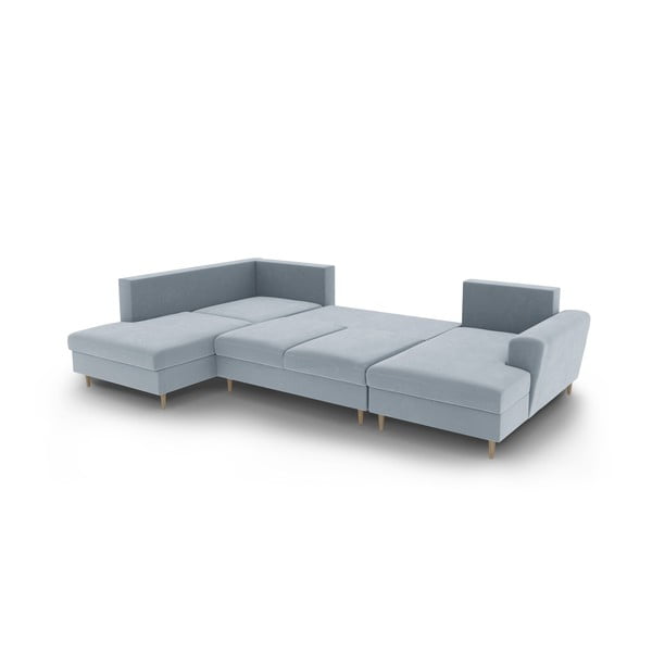 Světle modrá sametová rozkládací/s úložným prostorem rohová pohovka (levý roh/do "U") Kyoto – Cosmopolitan Design-image-3