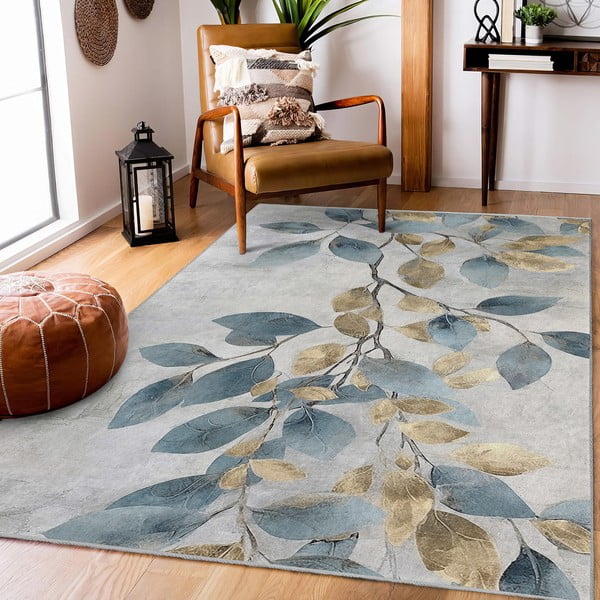 Pratelný koberec ve světle modré a zlaté barvě 80x150 cm Golden Leaves – Mila Home-image-1