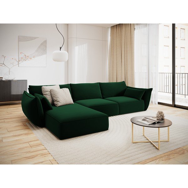 Tmavě zelená sametová rohová pohovka (levý roh/s lenoškou) Vanda – Mazzini Sofas-image-1
