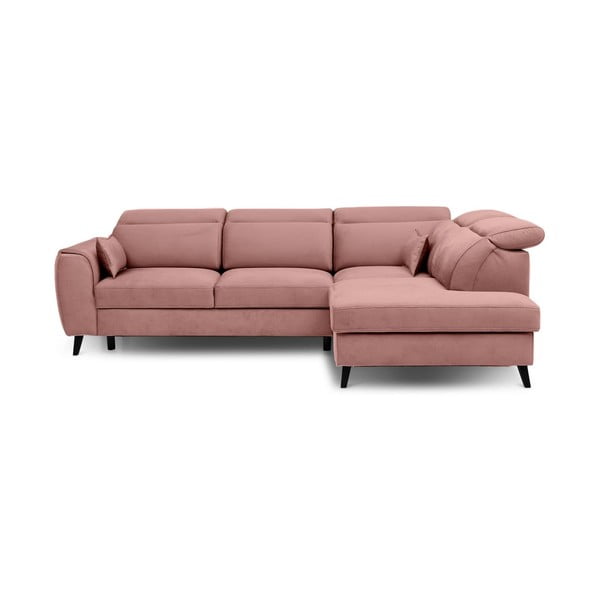 Růžová sametová rozkládací/s úložným prostorem rohová pohovka (pravý roh/do L) Noble – ELTAP