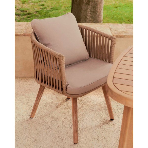 Zahradní židle z akáciového dřeva s béžovým polstrováním Kave Home Hemilce-image-1