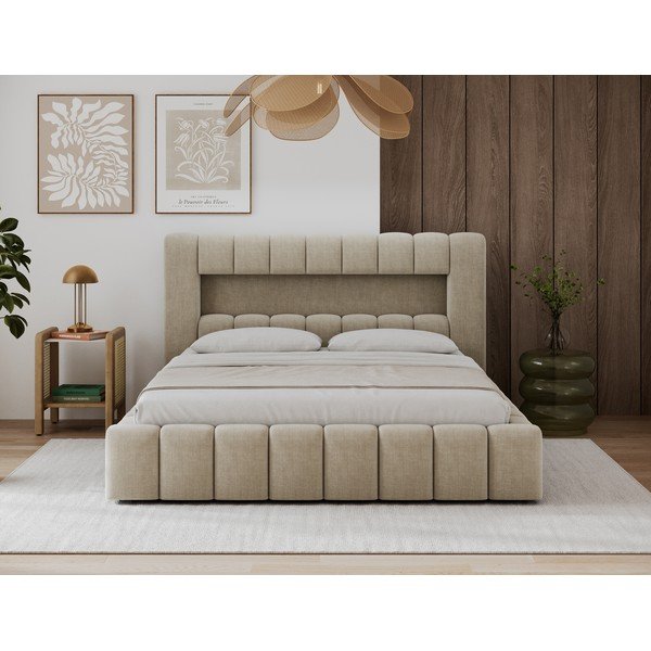 Béžová čalouněná dvoulůžková postel s úložným prostorem s roštem 180x200 cm Lamica – ELTAP-image-1