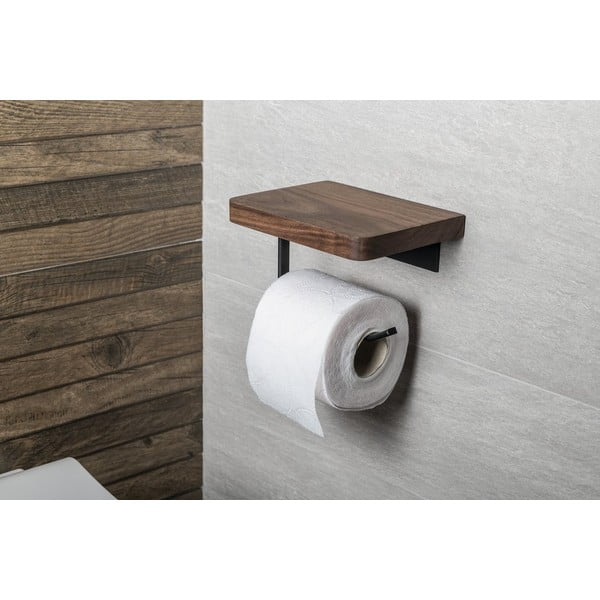 Hnědý nástěnný dřevěný držák na toaletní papír s poličkou – Sapho-image-1