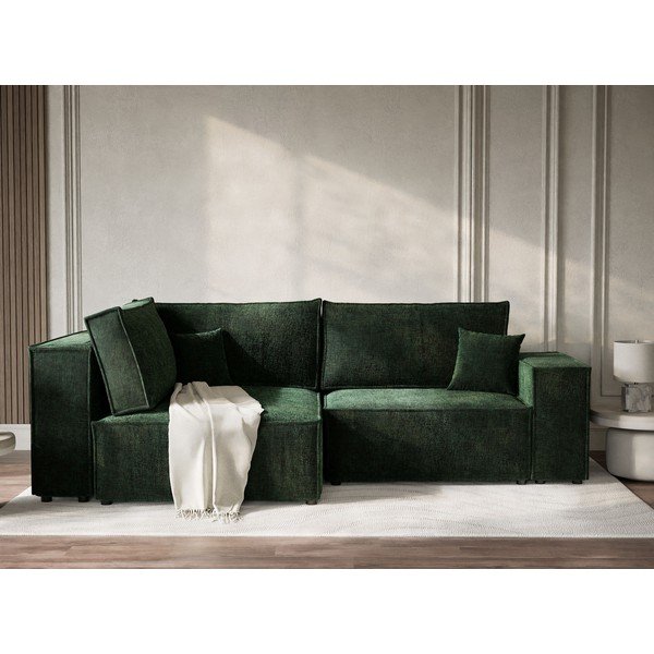 Tmavě zelená žinylková rozkládací/s úložným prostorem rohová pohovka (levý roh/do L) Tonga – Maison de Rêve-image-1