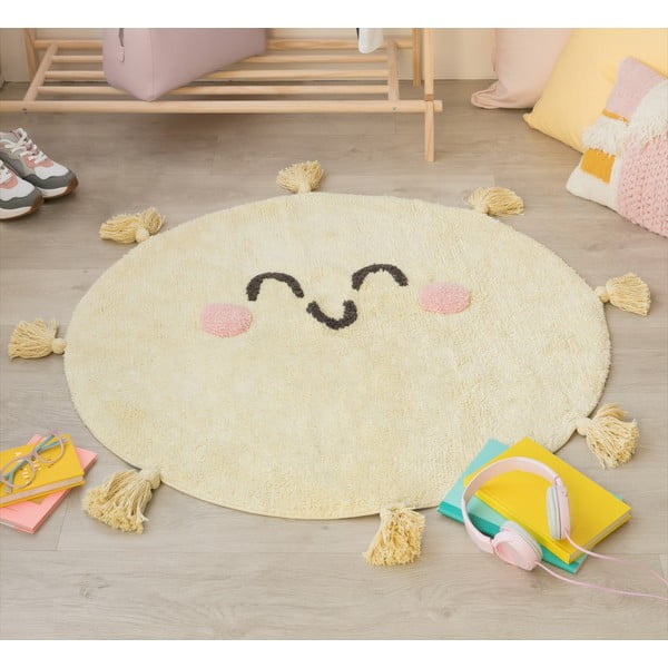Žlutý pratelný ručně tkaný bavlněný dětský koberec ø100 cm You're My Sunshine – Lorena Canals-image-4