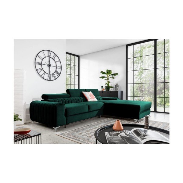 Zelená sametová rozkládací/s úložným prostorem rohová pohovka (pravý roh/s lenoškou) Grayson – ELTAP-image-1