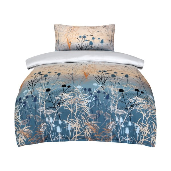 Modro-béžové povlečení na jednolůžko z bavlněného saténu 140x200 cm Herbal – My House