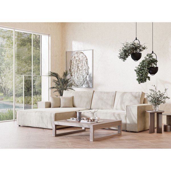 Krémová žinylková rozkládací/s úložným prostorem rohová pohovka (levý roh/s lenoškou) Maze – Maison de Rêve-image-1