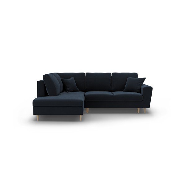 Tmavě modrá sametová rozkládací/s úložným prostorem rohová pohovka (levý roh/do L) Kyoto – Cosmopolitan Design