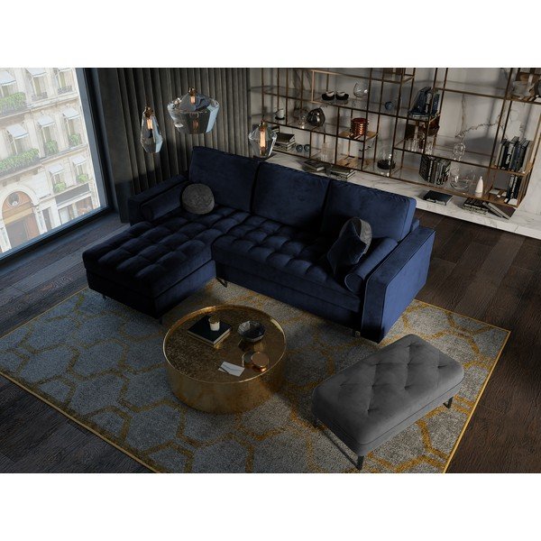 Modrá sametová rozkládací rohová pohovka Milo Casa Santo, levý roh-image-1