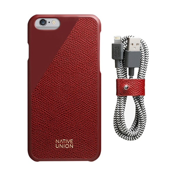 Set tmavě červeného obalu z pravé kůže a nabíjecího kabelu pro iPhone 6 a 6S Plus Native Union Clic Leather Belt