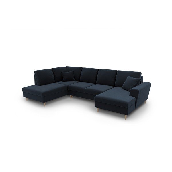 Tmavě modrá sametová rozkládací/s úložným prostorem rohová pohovka (levý roh/do "U") Kyoto – Cosmopolitan Design-image-1