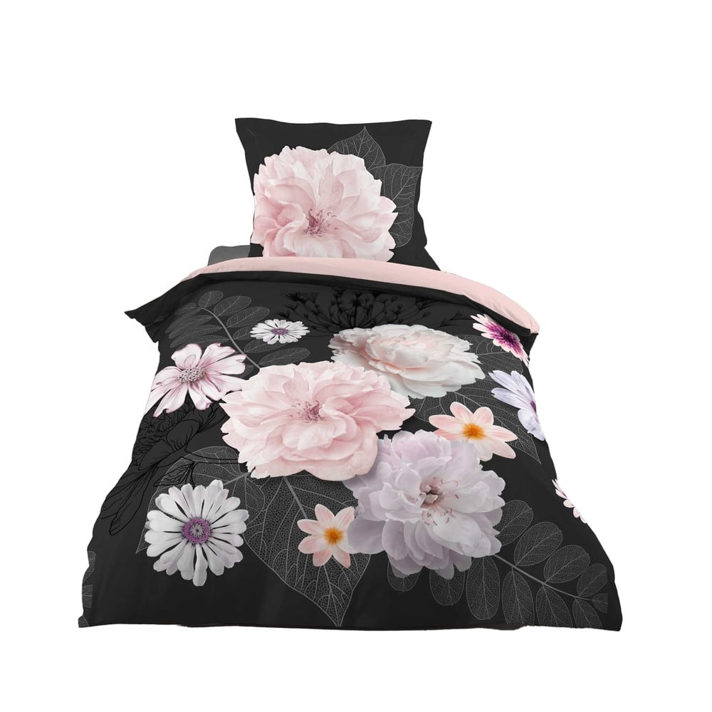 Černo-růžové bavlněné povlečení na jednolůžko 140x200 cm Floral – douceur d'intérieur