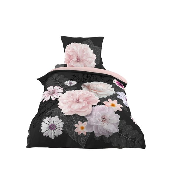 Černo-růžové bavlněné povlečení na jednolůžko 140x200 cm Floral – douceur d'intérieur
