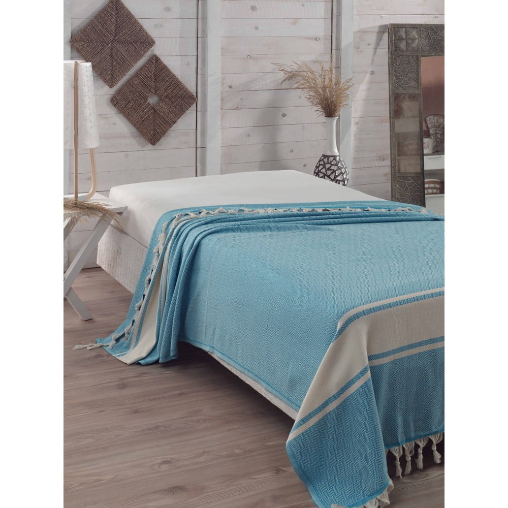 Tyrkysový bavlněný přehoz přes postel Elmas Turquoise, 200 x 240 cm