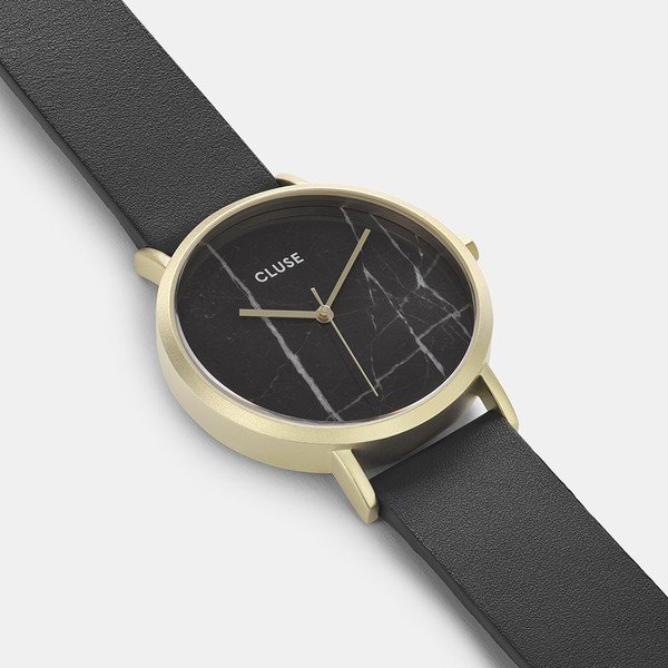 Dámské černé hodinky s koženým řemínkem a mramorovým ciferníkem Cluse La Roche Rose-image-1