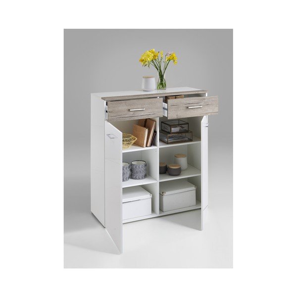 Bílá komoda o vysokém lesku s detaily v dekoru dubu Beijing-image-1