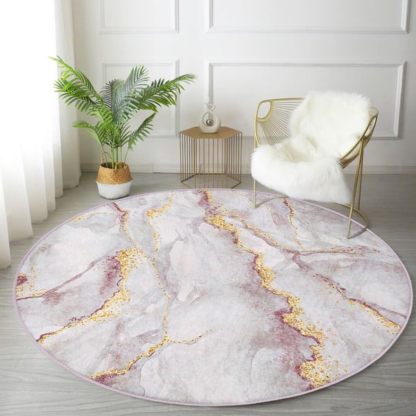 Světle růžový/ve zlaté barvě pratelný kulatý koberec ø 100 cm Marble – Mila Home-image-1
