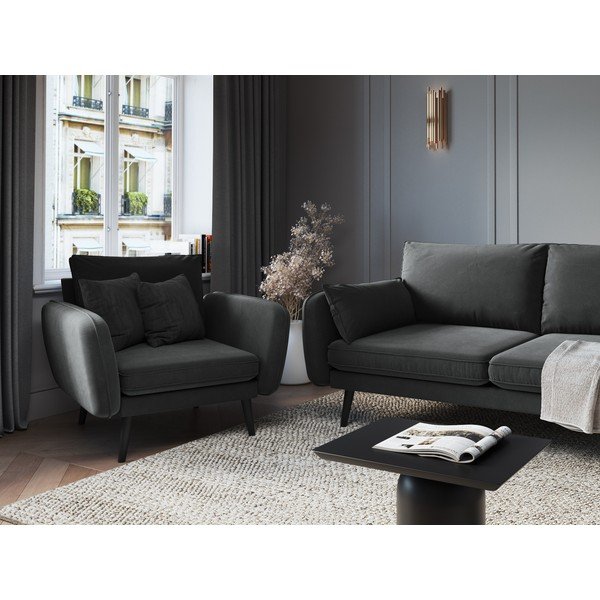 Tmavě šedé sametové křeslo s černými nohami Kooko Home Lento-image-1