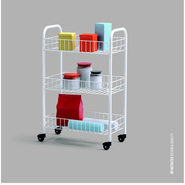 Bílý pojízdný stojan s 3 policemi Metaltex Siena-image-3