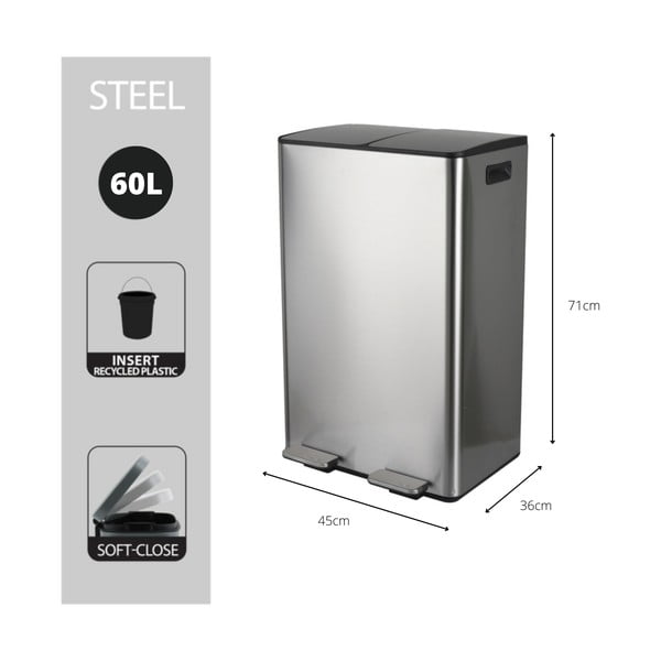 Ocelový odpadkový koš 2x30 l na tříděný odpad/nášlapný v matně stříbrné barvě   Aliya – Spirella-image-4