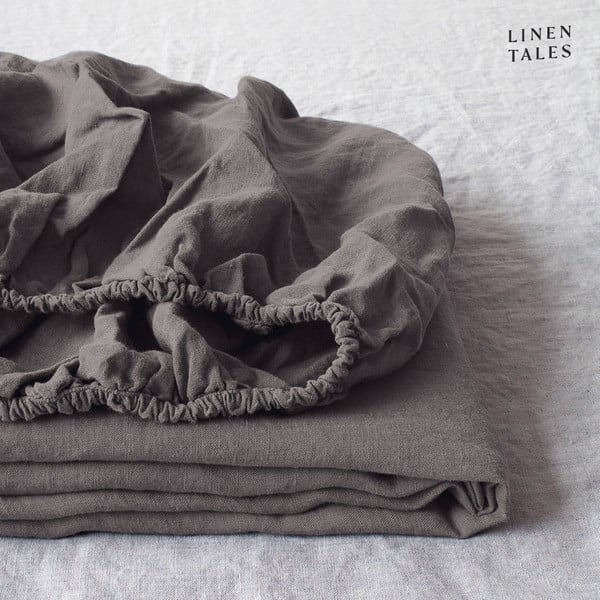 Tmavě šedé lněné elastické prostěradlo Linen Tales, 90 x 200 cm