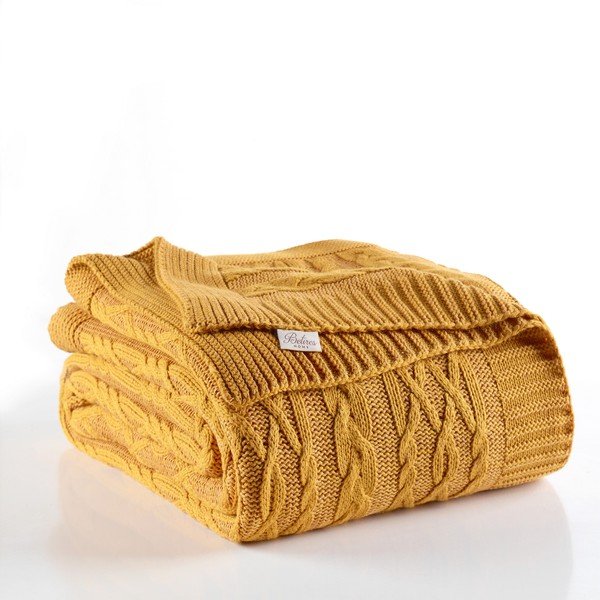 Hořčicově žlutý přehoz přes postel s příměsí bavlny Homemania Decor Knit, 220 x 240 cm-image-1