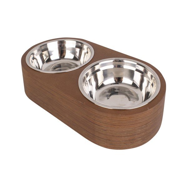 Sada 2 kovových misek v tmavém dřevěném podstavci PT LIVING Pet, šířka 18 cm-image-2