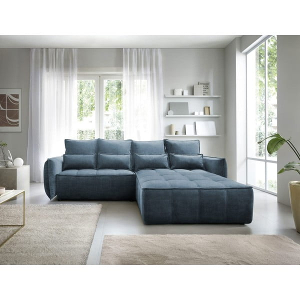 Modrá sametová rozkládací/s úložným prostorem rohová pohovka (pravý roh/s lenoškou) Campo – ELTAP-image-3
