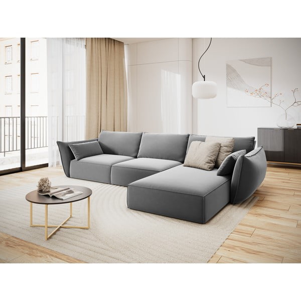 Světle šedá sametová rohová pohovka (pravý roh/s lenoškou) Vanda – Mazzini Sofas-image-1
