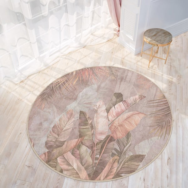 Světle růžový pratelný kulatý koberec ø 100 cm Dusty Leaves – Mila Home-image-2