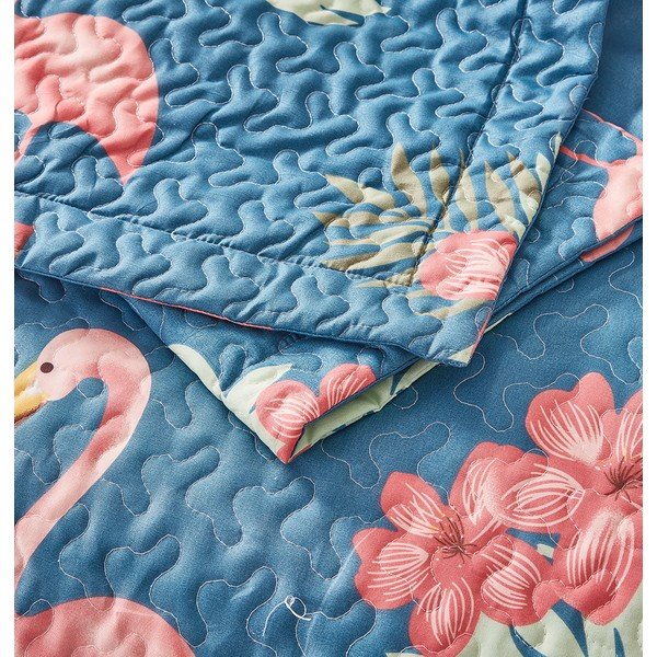 Modrý přehoz z mikroperkálu se dvěma povlaky na polštář Sleeptime Flamingo, 180 x 250 cm-image-2