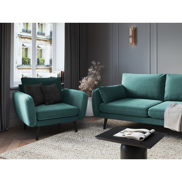 Petrolejově modré sametové křeslo s černými nohami Kooko Home Lento-image-1