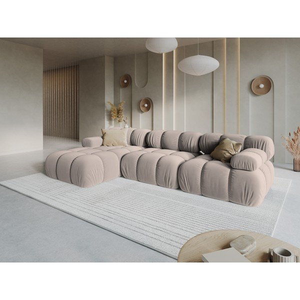 Béžová sametová modulární rohová pohovka (levý roh/s lenoškou) – Micadoni -image-1