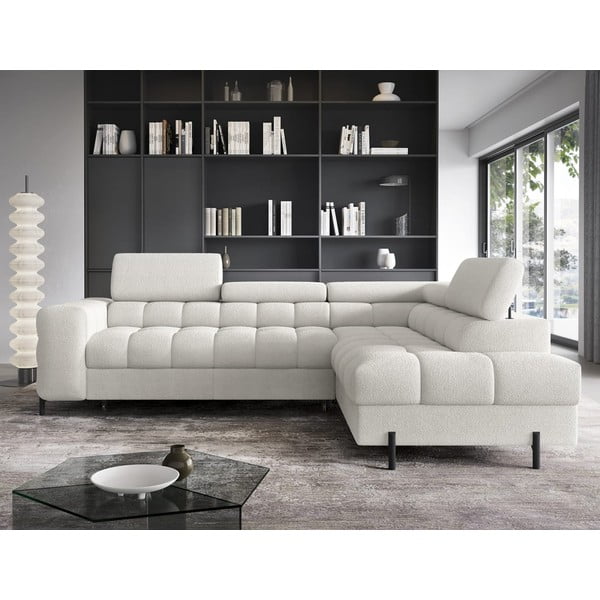 Krémová rozkládací/s úložným prostorem rohová pohovka z textilie bouclé (pravý roh/do L) Ferucce – ELTAP-image-1