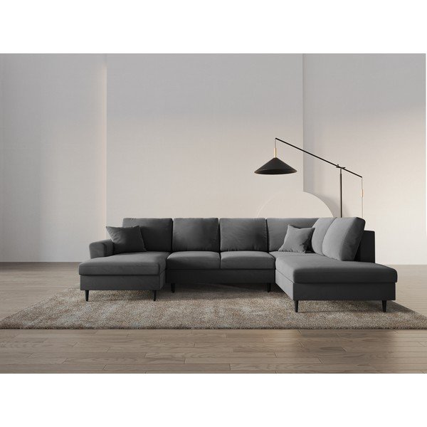 Světle šedá sametová rozkládací/s úložným prostorem rohová pohovka (pravý roh/do "U") Kyoto – Cosmopolitan Design-image-2