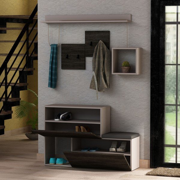 Set tmavě šedého botníku / lavice a nástěnného věšáku s policí Homitis Holdon-image-2