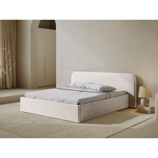 Slonovinová čalouněná dvoulůžková postel s úložným prostorem s roštem 160x200 cm Elizabeth – Micadoni -image-1