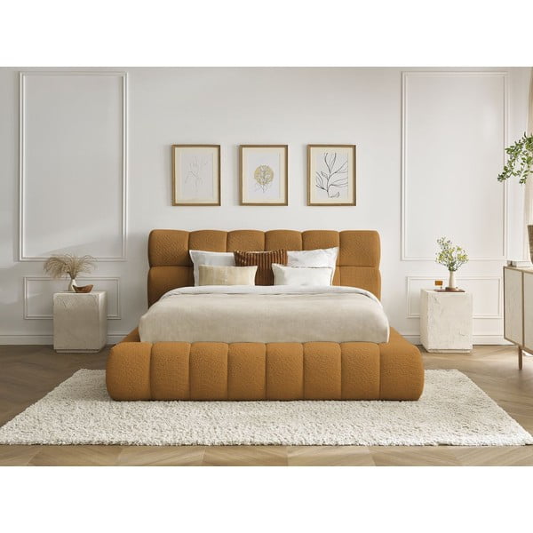 Čalouněná dvoulůžková postel v hořčicové barvě s úložným prostorem s roštem 160x200 cm Mont Blanc – Bobochic Paris-image-1