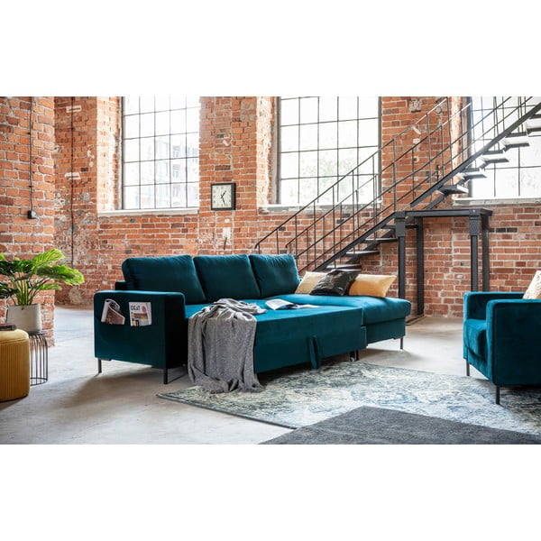 Sametová rozkládací rohová pohovka v petrolejové barvě (pravý roh) Lofty Lilly – Miuform-image-4