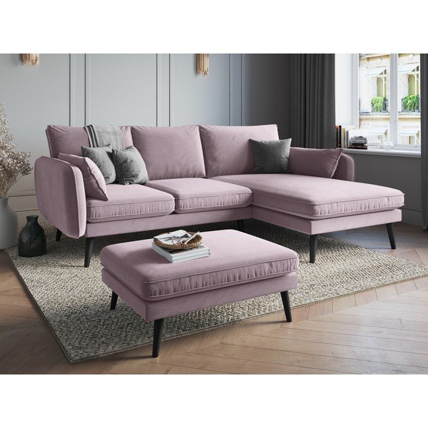 Světle růžová sametová rohová pohovka s černými nohami Kooko Home Lento, pravý roh-image-1