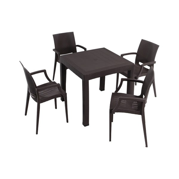 Tmavě hnědý zahradní jídelní set z umělého ratanu pro 4 Rattan – Floriane Garden