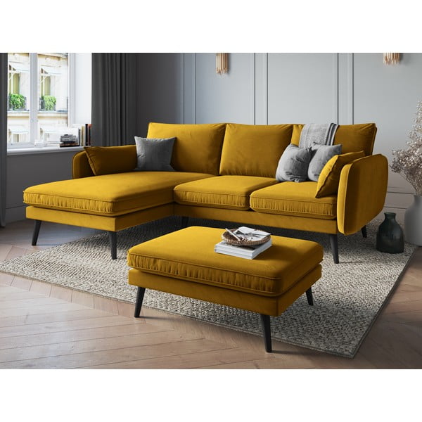 Žlutá sametová podnožka s černými nohami Kooko Home Lento-image-1