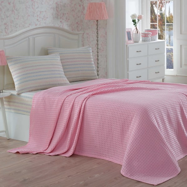 Lehký přehoz s prostěradlem a povlaky na polštáře Gofre Pink, 200x230 cm