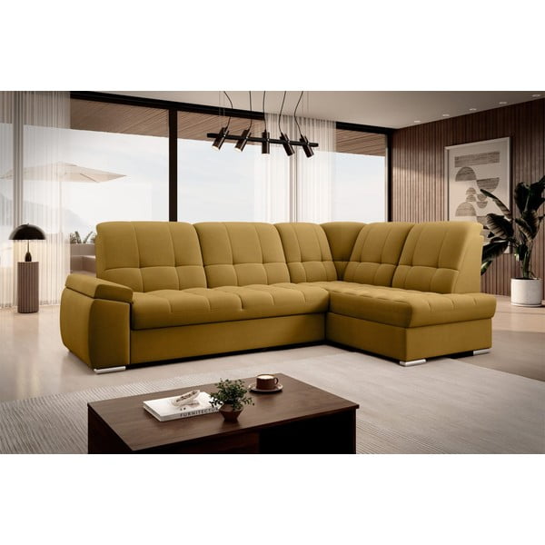 Žlutá sametová rozkládací/s úložným prostorem rohová pohovka (pravý roh/do L) Sado – ELTAP-image-4