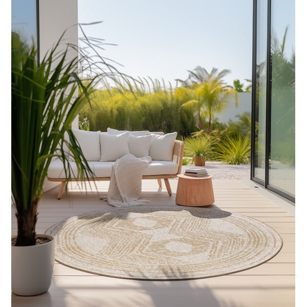 Okrově žluto-krémový kulatý venkovní koberec ø 140 cm Gemini – Elle Decoration-image-1