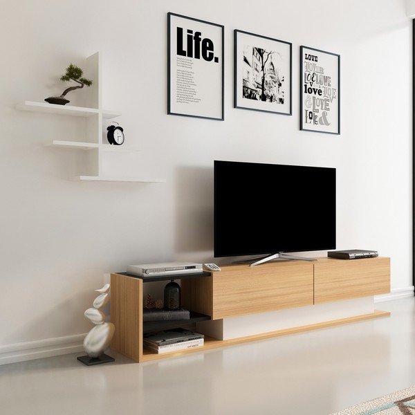 Bílá/přírodní TV souprava v dekoru exotického dřeva 180x40 cm Liza – Kalune Design-image-4