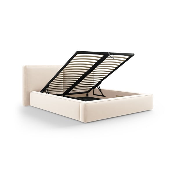 Krémová sametová čalouněná dvoulůžková postel s úložným prostorem s roštem 200x200 cm Arendal – Cosmopolitan Design-image-2
