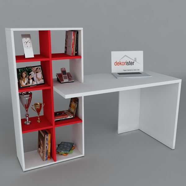 Pracovní stůl s knihovnou Win White/Red, 60x151x123,6 cm